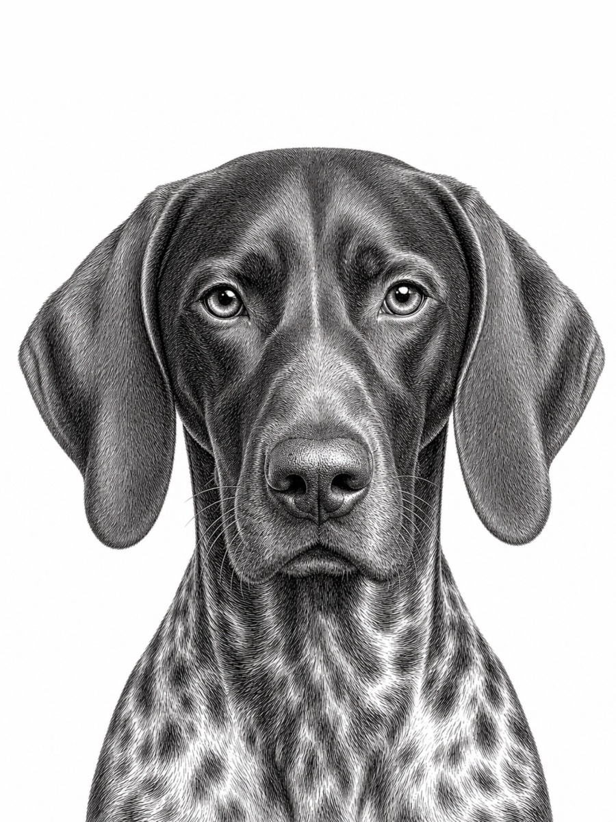 Etching-style black-and-white portrait of a spotted pointer dog